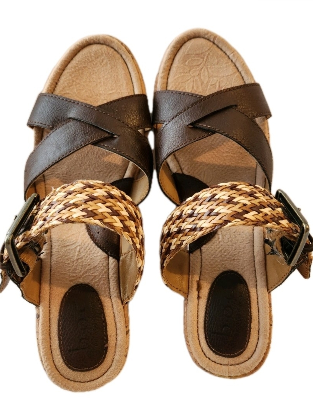 b.o.c. a Born Concept Size 9 Brown Leather Braided Cork Wedges Heel Shoes Sandal - Picture 7 of 13